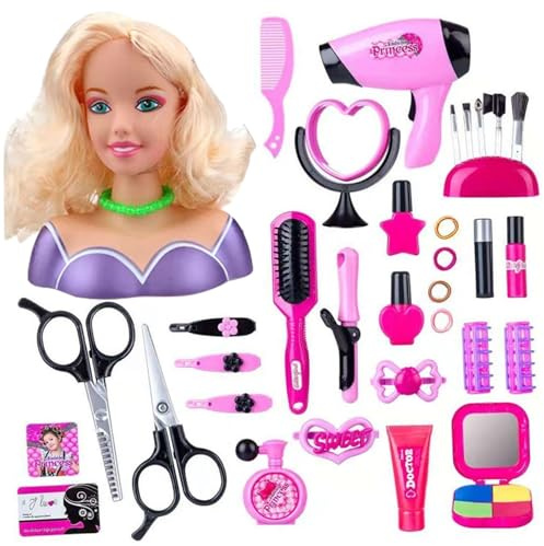 BEAHING Testa di bambola per acconciature per bambini 35 pezzi/set Testa di bambola per acconciature sicure per ragazze Trucco Set da parrucchiere con accessori per capelli, Parrucchiere per bambini
