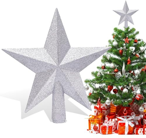 Estrella para Árbol de Navidad Plateada | Adorno para la Copa del Árbol con Purpurina | Christmas Tree Topper | Punta Ligera y Resistente para Abeto y Pinos de Navidad, 20cm, Plata
