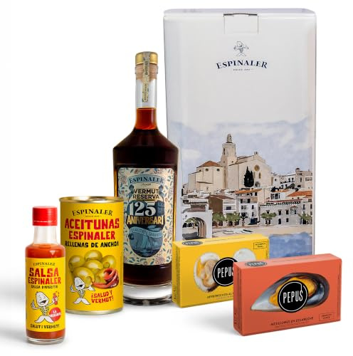 Pepus by Espinaler cesta gourmet aperitivo - Pack Regalo con Vermut Negro Reserva 125 Aniversario, Salsa Espinaler, aceitunas, berberechos, mejillones y Caja para 2 botellas
