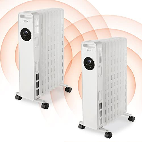 Igenix IG2621/2PACK Digital Oil Filled Radiator, 2kW/2000W 9 Fin Electric Low Energy Heater with Remote Control, 3 Adjustable Heat Settings & Overheat Protection, 2000 W, White, Pack of 2