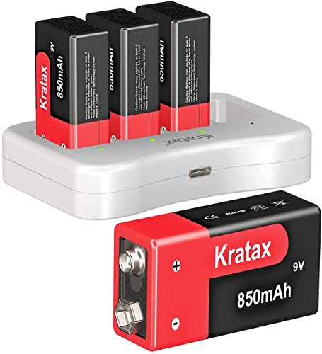 Kratax 9V Rechargeable Li-ion Battery -850mAh,4-Pack PP3 9 Volt Block Batteries with Charger,High Performance 6f22 Square for Smoke Detectors, Remote Control Car[4batteries+1Charger]