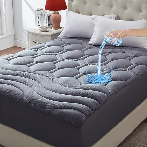 ELVEN HOME King Size Mattress Pad Waterproof, Cooling Mattress Topper Noiseless, Leak Proof Mattress Protector Deep Pocket Washable, Quilted Fitted Soft King Mattress Pad Cover (78x80 inch, Grey)