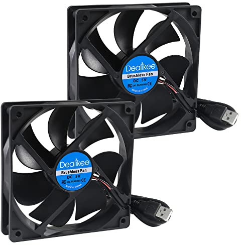 Dealikee 2Pcs 120mm USB Fan 5V Brushless Cooling Fan, 2000 RPM High Speed Fan for Cooling DIY PC Computer Case 3D Printer CPU Coolers Radiators, Low Noise, Plug and Play