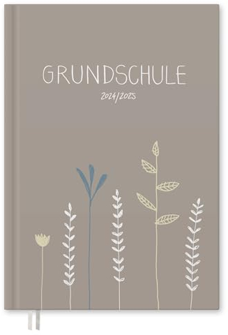 Eine der Guten Lehrerkalender 2025 2026, A4 Grundschulplaner, 1 Doppelseite pro Woche, Hardcover Schulplaner für Schuljahr 25/26, Grau Beige mit Blumen, FSC Papier