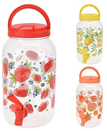 Murago - Getränkespender mit Zapfhahn ca. 3,7 Liter rot - Wasserspender Saftspender Kunststoff obstmotiv Erdbeeren Früchte Motiv hervorragend für Kinder Plastik