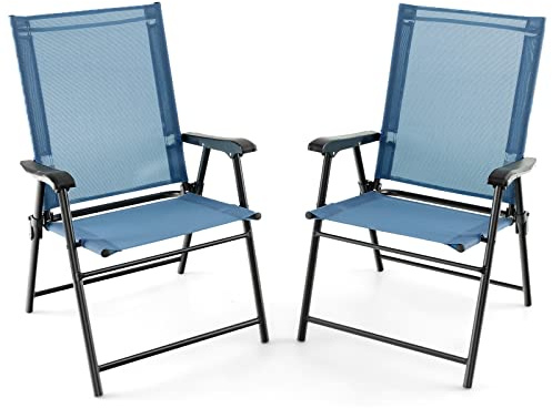 GIANTEX 2er Set Gartenstuhl klappbar, Klappstuhl Balkonstuhl, Terrassenstuhl mit hohen Rücken- & Armlehne, Garten Essstuhl wetterfest aus Metall & Textil, bis 150 kg belastbar (2, Blau, Kleine)