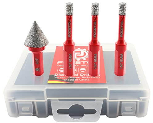 FOCSTOL Juego de Brocas Diamante - 4 piezas 6/6/6mm Fresa Diamante con Triangular Mango+20mm Brocas Chaflán Biselado con Hexagonal Mango para Porcelanico Cerámica Mármol Granito