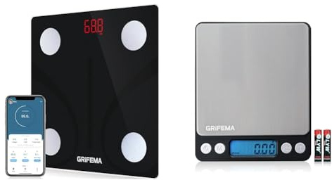 GRIFEMA GA2001, Balance Pese Personne, Pèse Personne Impédancemètre avec Bluetooth & GA2003 Balance de Cuisine Électronique de Haute Précision 500g/0,01g avec Écran LCD Rétroéclairé