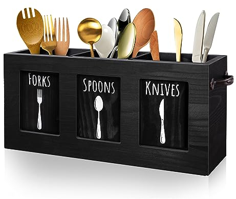 MINCORD Wood Flatware Organizer, Rustic Utensil & Silverware Holder for Forks, Spoons, Knives, Farmhouse Kitchen Cutlery Caddy Bin Countertop - Black