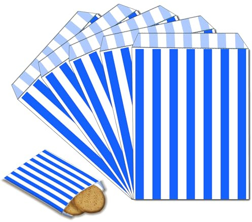 100 st randiga söta papperspåsar, 13 x 18 cm blå söta påsar papper bröd smörgåspåsar, bröllopsbuffé tjänst tårtgåva, litet papper söt väska för godis, mellanmål, födelsedagar, julbröllop fest