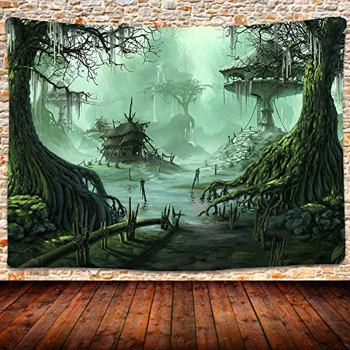 Wandteppich Geheimnisvolle Bäume, Neblige, Gruselige Atmosphäre, Feuchter Sumpf, Fantasie-Naturszene Groß Kunst Wandteppich Langlebig Wandtuch Für Room Deko Apartment,130X150Cm