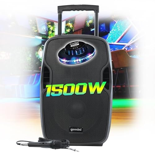 Enceinte Active 1500W, Gemini AS-12TOGO sur Batterie Sono DJ PA 12 Pouces, USB SD Bluetooth Radio FM, Microphone, Jeu de Lumière