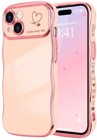 LCHULLE Cover per iPhone 15 Cuore Custodia Ondulata,Rosa | Cover cuori d'amore,Custodia con design ondulata e riccia,Protezione della fotocamera galvanizzata Cover,Wavy Heart Case