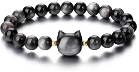 Ticome Black Obsidian Bracelet, Stretch Stone Bead Bracelets - Cool Good Luck Presents for Women, Men, Girls or Cat Lovers