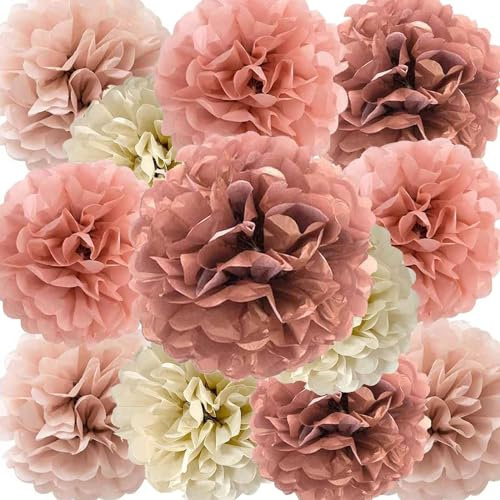 Pompons de Soie, 12 Pièces Fleur Pompon Rose Or, Boule en Papier pour Fête et Mariage