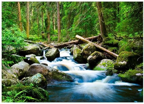 WTD - Carta da parati fotografica a cascata con foresta, effetto 3D, verde naturale, 350 x 250 cm, con colla, per soggiorno, camera da letto, corridoio, moderna carta da parati in tessuto non tessuto,