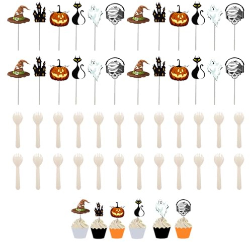 24 Stück Halloween Cupcake Topper mit 24 Stück Dessertlöffel Halloween Kuchendeckel Halloween Muffin Deko Cupcake Deko Halloween Motto Partyzubehör für die Dekoration von Kuchen Muffins und Desserts