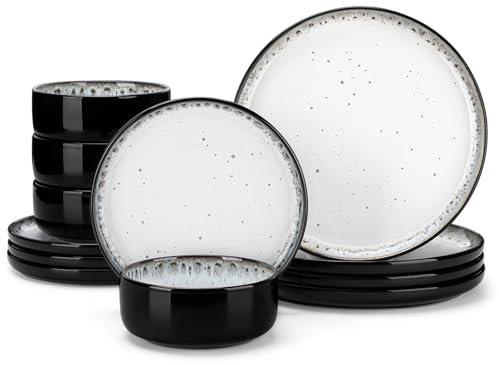 vancasso Playa Plates and Bowls Sets, 12 Pieces Stoneware Dinnerware Sets Dishes Set Modern Kitchen Dishware Sets Service for 4, Dishwasher and Microwave Safe, Milky White