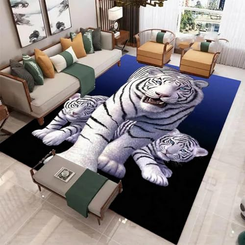 3D Gedruckt Bettvorleger rutschfeste Area Teppich,Wildtier-Tiger 3D Optische Illusion Teppiche Weich Flanell Bodenteppich Wohnzimmer Schlafzimmer Throw Runner Teppiche Low Profile Türmatten- -3X9T5D9