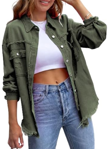 HzDazrl Chaqueta de mezclilla desgastada para mujer, manga larga, con botones, casual, estilo novio, chaqueta de camionero