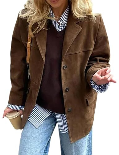 MANGMAO Suede Jacket Y2k Outerwear Brown Faux Leather Jacket Women Fall Fashion 2024 Trendy Old Money Oversized Blazers, Brown, L