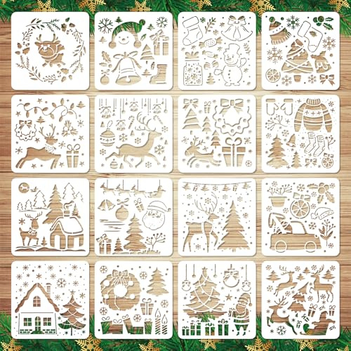 16 Stk Weihnachtsschablonen zum Basteln, Wiederverwendbare Weihnachtsschablonen zum Malen Schneemann Weihnachtsmann Frohe Weihnachten Schablone zum Malen Basteln (Stil 1)