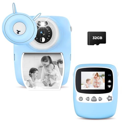 Fotocamera per Bambini - 30 MP, 1080P, Schermo da 2,4 Pollici, Istantanea, Stampa in Bianco e Nero, Digitale Con Scheda TF da 32 GB, Penna a Pennello da 6 (blue)
