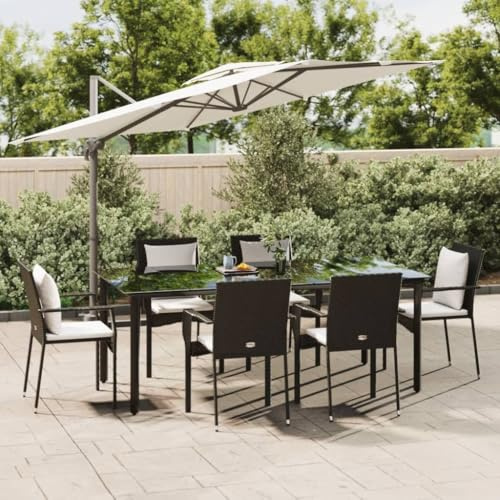 KTHLBRH 7-TLG. Garten-Essgruppe mit Kissen Schwarz Poly Rattan Terrassenmöbel-Sets Gartenmöbel-Sets Outdoor-Möbel-Sets Balkonmöbel-Sets für Terrasse, Garten, Balkon