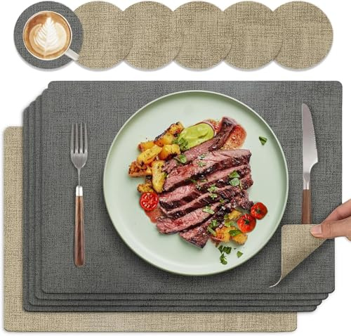 HELI MIAO Platzsets & Untersetzer (6er Set) - Abwaschbare Tischsets mit Lederoptik - Doppelseitigen wasserdicht & rutschfest - Platzdeckchen Für Familienessen - (Eckig,Grau+Hellbraun)