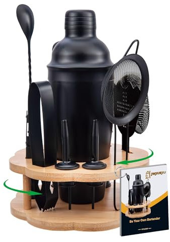 Cocktail Shaker Set Bartender Kit with Bamboo Stand, 15-Piece Stainless Steel Bar Set Accessories, Professional Bartending Kit Home Bar Tools Set with Recipes (Matte Black, Natural Wood Stand)