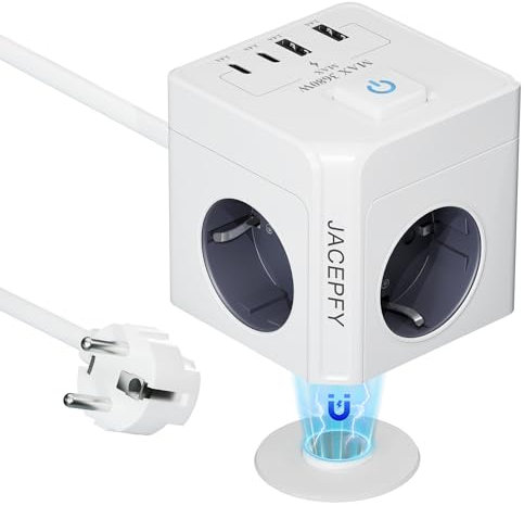 JACEPFY Steckdosenwürfel 7-IN-1 Magnetische Mehrfachsteckdose 2 USB-A und 2 USB-C, Steckdosenleiste mit Schalter, 2M Kabel Steckerleiste Würfel für Büro Hause Reisen