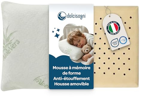 DOLCI SOGNI Cuscino Lettino Bambino Antisoffoco, 60 x 40 cm, spessore 6 cm, OEKO-TEX® e CertiPUR™ Cuscino per asilo, per bambini, modello Aloe, da viaggio, 100% Made in Italy