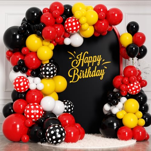 HKYOOD 175Pcs Red Yellow Black Balloon Garland Arch Kit - Cartoon Mouse Theme Party Decorations with 18 12 10 5 Different Sizes Party Balloons for Birthday Anniversary Baby Shower Backdrop Decorations