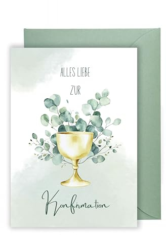 WBdesignz Edle Konfirmationskarte mit eukalyptusfarbenem Umschlag – Alles Liebe zur Konfirmation – Aquarell Kelch & Eukalyptus – Glückwunschkarte für Jungen & Mädchen -modern & stilvoll (DIN A6)