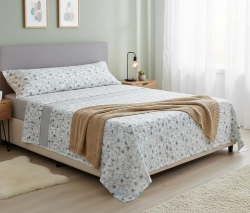 HaraDeco Juego de Sabanas 3 Piezas - Poliéster Microfibra Tacto Satén- Bajera, Encimera y 1 Funda de Almohada Larga, Estampada para Todas Estaciones (Ariza Gris, Cama 105x190/200cm+28cm)