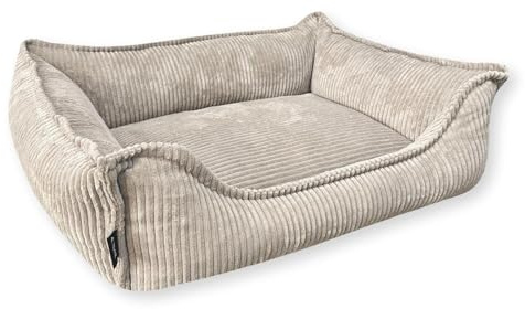 4L Textil Kuscheliges Hundebett aus Cord Hugo Premium-LINE Hundekorb orthopädisch Hundekissen flauschig Hundebett mit Bezug Memory Foam Hundesofa (Beige, 80x60 cm)