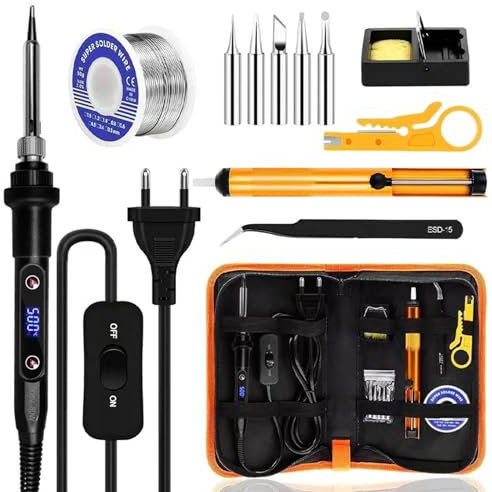 Saldatore a Stagno Kit 80W Professionale con LCD, Interruttore ON/OFF,Temperatura Regolabile 180-520°C, Kit Completo 13 in 1 (5 Punte, Filo, Pompa Dissaldante) per Elettronica e Fai da Te