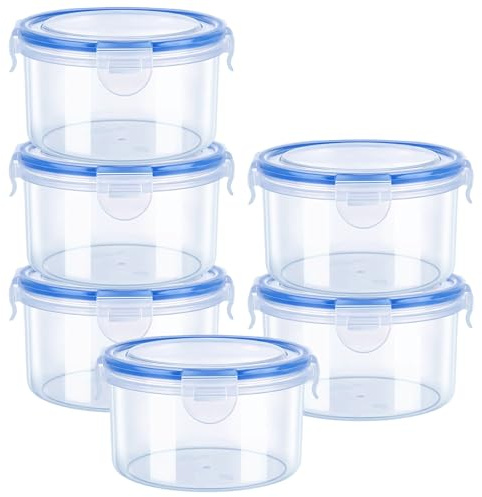 Food Containers with Lids, 6 Pack 600ml Plastic Reusable Snack Pots with Clip Lock, Round Clip Lock Food Containers, Leak-Proof Small Storage Container Set Stackable for fruits yoghurt fridge & Travel