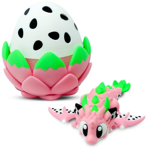 Articulated Dragon with Fantasy Egg – 3D Printed Mythical Creature Gift, Posable Jointed Companion, Collectible Detailed Shelf or Desk Decoration - For Adults (Dragonfruit Dragon + Egg)