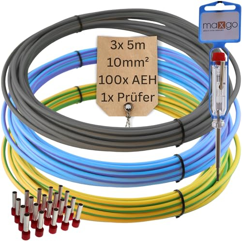 Verdrahtungsleitung Verdrahtungssatz Einzelader 10mm² Aderleitung flexibel für Zählerplatz, Erdungskabel & Verdrahtungsbrücken 3x5m inkl. 100 Aderendhülsen & Stromprüfer