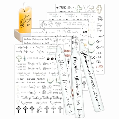 Oizemori Kerzentattoos Set für Taufe & Kommunion - Elegantes Gestaltungs-Set mit Wachsplättchen und Wachsbuchstaben zur individuellen Kerzenverzierung für festliche Kirchenfeste