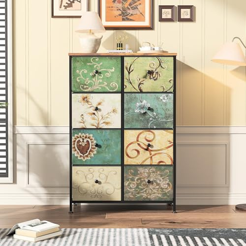 SUNFECILI Kommode mit Schubladen aus Stoff, Schlafzimmerkommode Vintage-Aufbewahrungsmöbel, Sideboard, Retro-Blumenmuster, Schubladenschrank für Küche Büro Flur Wohnzimmer (8 Schublade)