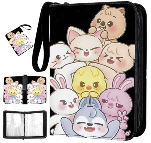 Sammelalbum für Karten, Wasserfest Karten Heft Ordner mit Reißverschluss Tragegriff und 50 Taschen,Sammelkarten Album 4 Fächer, Kpop Cute Cartoon Muster Photocard Holder Book, anime