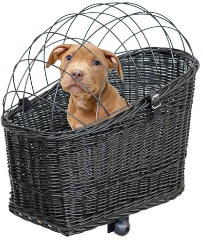 Fahrradkorb für Hunde – mit Gitterhaube, Befestigung für Gepäckträger, herausnehmbarem Kissen – aus Weide – Hundekorb Fahrrad 60×39×50 cm (SCHWARZ)