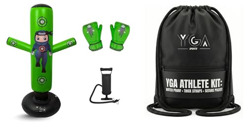 PUNCHO Kids Punching Bag + Drawstring Bag Bundle - 63 Inflatable Boxing Bag with Gloves, Pump & eBook + Heavy-Duty 420D Waterproof Gym Sack Fits Ball or Gear for Active Boys & Girls