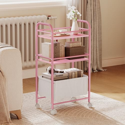 YITAHOME pink metal trolley on wheels, 3 Tier kitchen trolley, storage trolly with Woven Basket, Lockable Wheels, Handle, book cart for office, Kitchen Bathroom Living Room Studio Small Spaces
