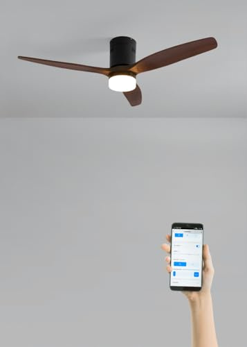 CREATE / WINDCALM NATURAL WOOD M/Ventilador de techo con luz negro aspas madera nogal con Wifi y mando / 40W, Temporizador, Ø132 cm, 6 velocidades, 3 temperaturas de luz, función verano-invierno