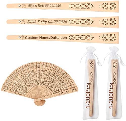 ZFN Personalised Wedding Hand Fans, 1-200 Pcs Custom Engraved Wooden Folding Hand Fan with Name/Date Vintage Wood Handheld Fans Bulk for Wedding Favours, Summer Party Shower (Wood color 02)