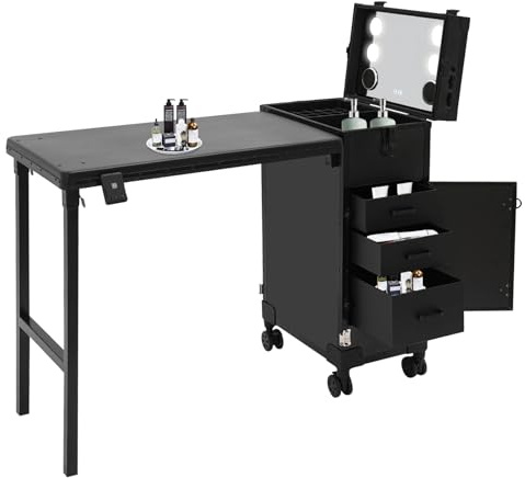 Sminkväska, vikbart manikyrbord 3 lådor kosmetisk vagn, tysta rullar Bluetooth Beauty Case, 50 kg lastkapacitet låsbar nageldesign väska för mobil makeupartist