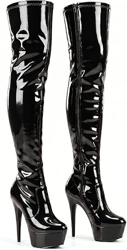 Women's Thigh High Stiletto Heel Boots Wide Calf Stretch Platform Round Toe Side Zip Leather Boots UK 3-12